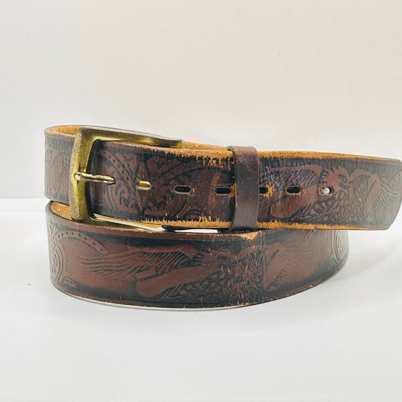 Wrangler Brown Tooled Leather Eagle Distressed Americana Retro Belt - Picture 1 of 7
